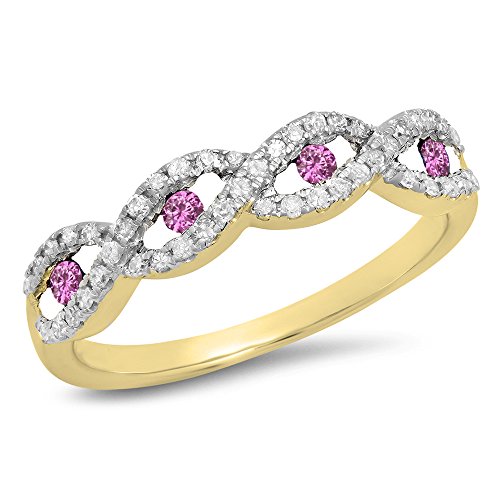 10K Solid Gold Round Pink Sapphire & White Diamond Womens Bridal Stackable Wedding Band Swirl Ring