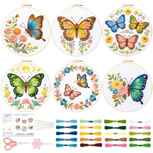 Image of BEUNITONE 6 Set Embroidery Kit for Beginner Adults, Colorful Butterfly Floral DIY Cross Stitch Set with Stamped Pattern Hoops Threads Cloth Needles, Embroidery Starter Kit for Home Decor and Gifting