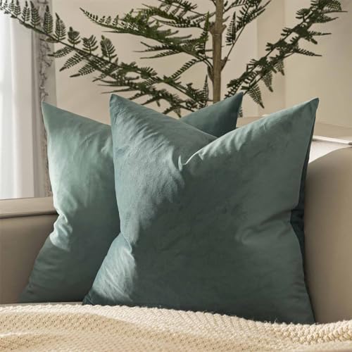 Image of Throw Pillow Covers 18x18 Decorative Velvet Cushion Covers Set of 2,Emerald | Soft Pillow Cases with Invisible Zipper for Modern Couch Sofa Bed Living Room Bedroom Home Decor