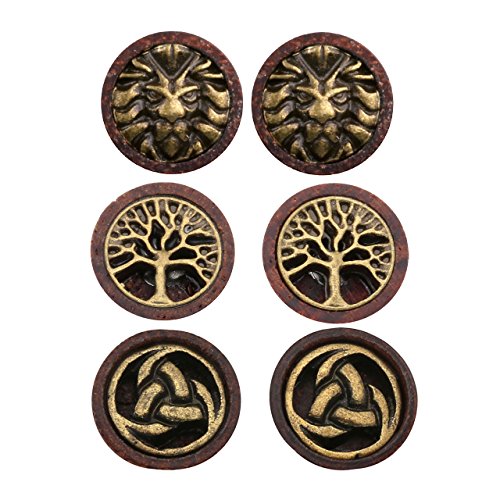 Jovivi 3pairs Organic Sono Wood Lion Head/Tree of Life Cheater Fake Ear Plugs Gauges 10mm Illusion Screw Stud Earrings for Women Men2