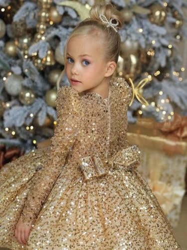 Sparkly Sequin Flower Girl Dress Long Sleeves Pageant Dress Short First Communion Dress with Bow Knot CT024