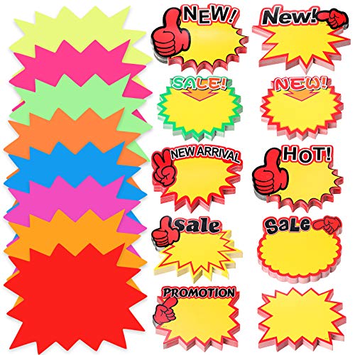 600 Pieces Starburst Sign Cards Finger Shaped Signs Fluorescent Blank Star Shape Retail Sale Tags Sale Paper Signs Assorted Display Tags Price Burst Signs for Store Supermarket, 18 Styles