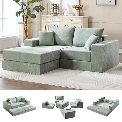 Image of 79 inch Boneless Loveseat Sofa Couch, Modular Foldable Floor Cloud Sofa with Ottoman, Lounge Convertible Sofa Bed for Living Room, No Assembly, Chenille Green
