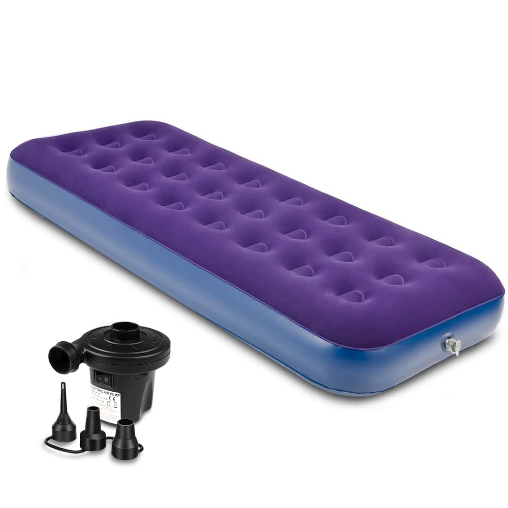 ArkCamp Air bed, Inflatable Mattress + Electric pump Blow Up Bed Single Camping Mattress Flocked Surface Coil Beam Construction L188cm x W73cm x D22cm Max Weight 227kg Comfortable Soft