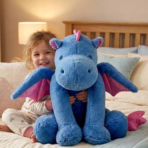 ARELUX Large 50in Cute Dragon Stuffed Animals Plush Toy Soft Blue Pterosaur Plushie Giant Fuzzy Dinosaur Pillow Plushies with Wings Cuddly for Friends Family Member