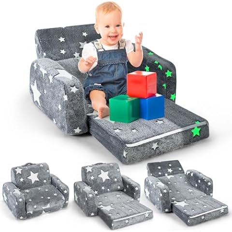 YHUAIMANG 3 in 1 Foldable Toddler Couch,Convertible Sofa to Lounger for Kids,Glow in The Dark Fold Out Couch Toddler Sofa Cover