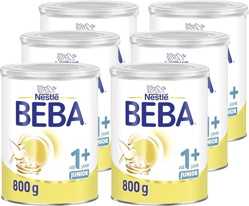 BEBA Junior 1+ Milchgetränk ab dem 1. Geburtstag, Mit HMO, Altersgerecht angepasster Proteingehalt, Nur Laktose, Ohne Palmöl, Ohne Fischöl, Kleinkindnahrung, Baby-Milchpulver, 6er Pack (6 x 800g)