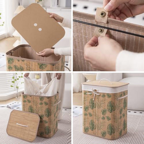 Image of HOKIPO Eco-Friendly Foldable Bamboo Laundry Basket Hamper with Lid, Large - 60 Liter, Tropical Leaves (AR-5751), Multi