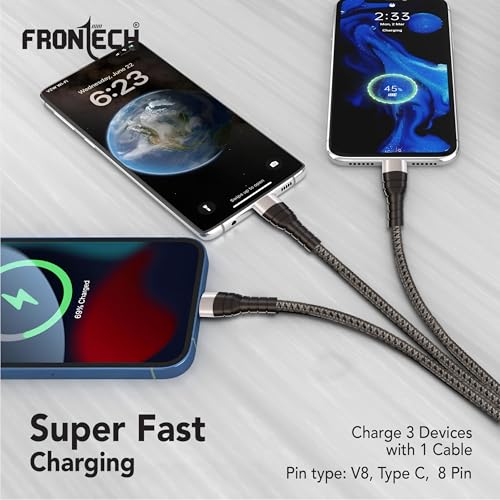 Image of FRONTECH 17W 3-in-1 Multi Fast Charging USB Cable | Type-C, Micro USB & 8 Pin Port | 1.2 Meter Braided Cable | Smart Chip Protection | Grey /Black (FT-1053)