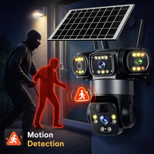 Image of Dr Vision 3 Lens Solar 4G Powered PTZ Outdoor CCTV Camera | 360 View | Color Night Vision | Two Way Audio | 4G SIM-Based Security Camera for Home with Mobile App V380 Pro (3 Lens Solar)