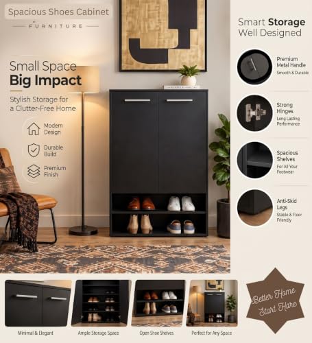 Image of Spyder Craft Engineering Wood Shoe Cabinet for Home, Double Door Shoe Rack with Multiple Shelves, Space Saving Shoe Organizer for Entryway, Living Room & Bedroom, Black, DIY Assembly