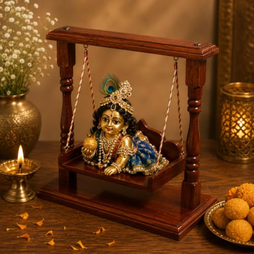 Image of Premium Polished Sheesham Wooden Laddu Gopal Jhula, Shri Krishna Swing Kanhaji, Thakurji, for Bal Gopal Idol, (Size:- 13 inchx12 inchx7 inch), Seat Size :- (8 inchx6 inch) 0 to 4 no Gopal ji (Royal Temple Jhula)