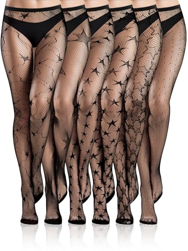 Ramede 6 Pairs Halloween Fishnet Stockings for Women Black Lace Patterned Tights Star Thigh High Waist Leggings Tights