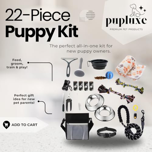 PupLuxe Welpen-Starter-Set, schwarz, 22-teilig, ideal für Hundetrainingsset, tolles Willkommensgeschenk, neues Welpen-Set, ideal für Erstbesitzer und erfahrene Besitzer, neues Hundebündel