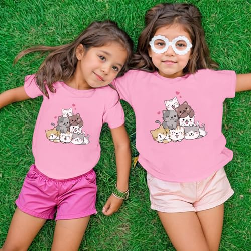 KEEVICI Cute Cartoon Cat Shirts for Girls Kids Graphic Tees Kawaii Animal Pattern T Shirt Cotton Crewneck Summer Loose Tops4