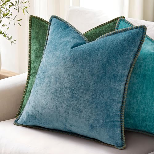 Image of decorUhome Fall Chenille Soft Cozy Throw Pillow Covers 26x26 Set of 2, Modern Farmhouse Boho Velvet Decorative Euro Sham Pillow Cases with Stitched Edge for Couch Sofa Bed Home Decor, Teal