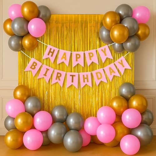 Image of Party Propz Birthday Decoration Kit - 37 Pcs Happy Birthday Decoration Kit for Boys, Girls & Husband, birthday Balloon Decoration Set with Pink, Silver & Golden Balloons