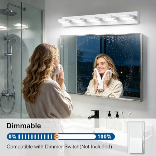 Image of LED Modern Bathroom Vanity Light Fixtures, Dimmable White Vanity Lights for Bathroom Lighting Fixtures Over Mirror, with 360 Rotatable Acrylic Heads 5-Light 36-inch (Cool White 6000K)