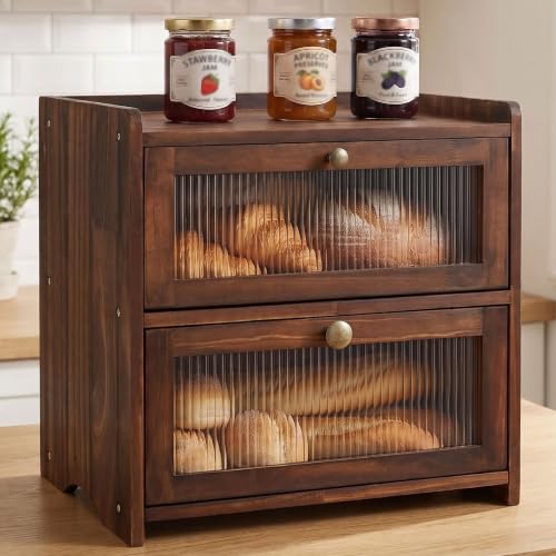 Wooden Bread Box with Acrylic Window for Kitchen Countertop | Natural Pine Wood; 2 Layer Large Capacity Vintage Farmhouse; Kitchen Countertop Organizer; Raised Top Edge and Curved Bottom