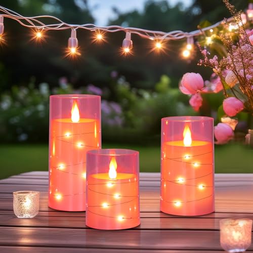 Image of Aignis Flickering Flameless Candles Battery Operated Candles LED Candles with Remote Timer for Home /Wedding /Birthday /Holiday Decor, Cherry Blossom Pink 3D Flame Set of 3 (D3 xH4 5 inch 6 inch)
