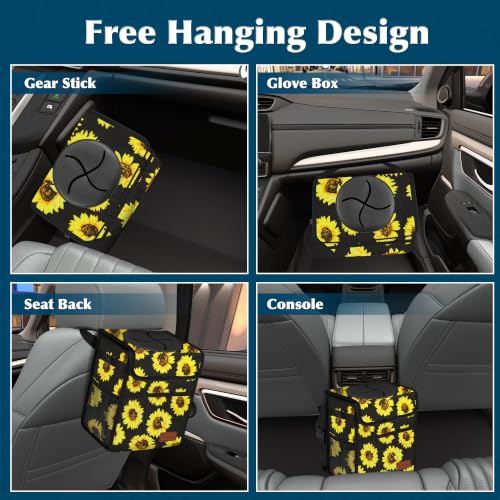 Image of Femuar Leak Proof Car Trash Can with Lid, Collapsible Hanging Waterproof Car Trash Bag with Mesh Pocket for SUV Front Seat Headrest, Sunflower