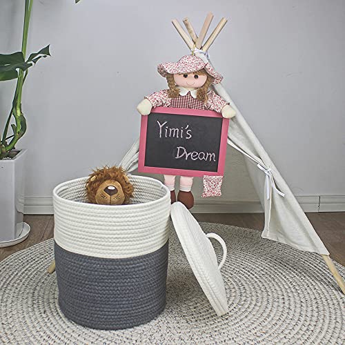 Yimi's Dream Storage Basket With Lid, Cotton Rope Woven Storage Basket, Small Storage Bins, Nursery Organizers And Storage, Baby Toy Laundry Basket (White & Grey, 12D X 13.5H Inches) #TOP3