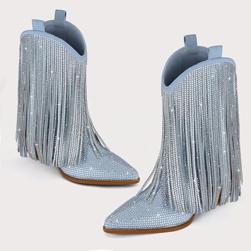 Cowboy Boots for Women - Cowgirl Western Rhinestone Sparkly Fringe Chunky Heel Pointed Toe Ankle Boots2