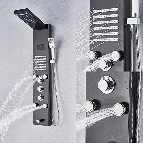 Columna de Ducha LED con Sistema Torre, Chorro Lluvia y Masaje, Acero Inoxidable Negro miniatura 4