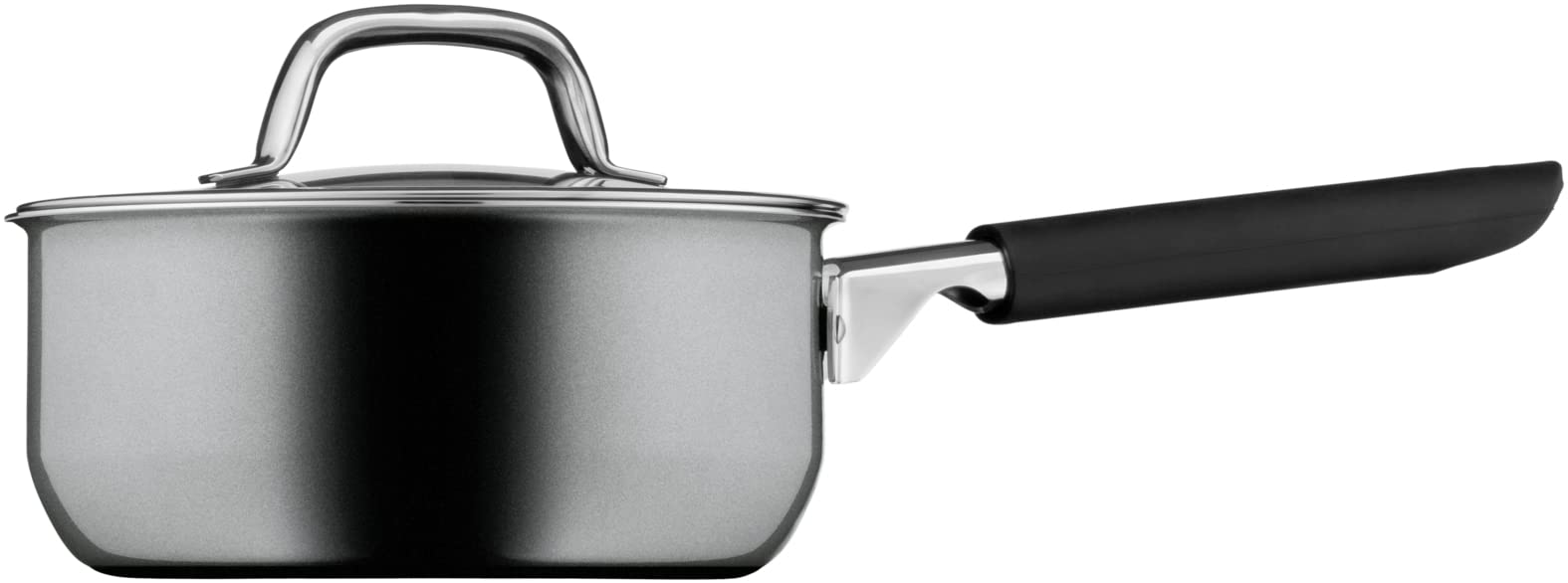 WMF Fusiontec Mineral Stielkasserolle mit Glasdeckel 16 cm, Kochtopf klein 1,3l, Induktion, High-Tech Keramik, Silikonhülle, kratzfest, grau