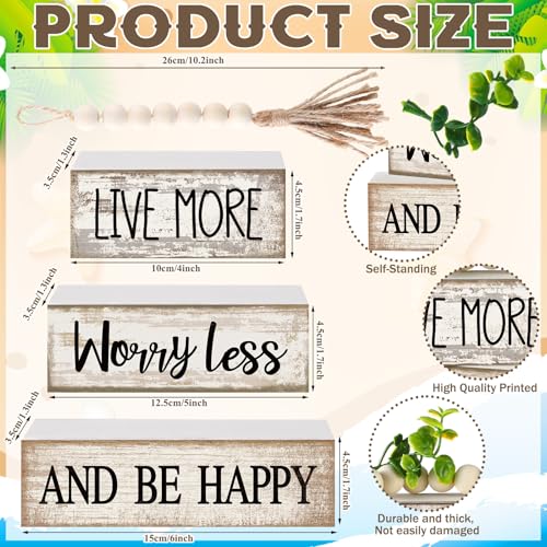 Image of Moucuny 4 Pcs Inspirational Farmhouse Table Decor Rustic Stacked Wooden Block Sign - Live More Worry Less Be Happy Centerpieces Set with Beaded Tassel and Artificial Plant for Home, Office, Shelf Gift