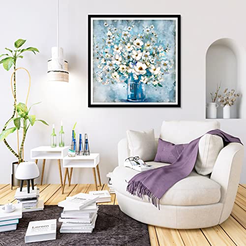 Mxjsua White Flowers Diamond Painting Kits For Adults, White Flowers In Blue Bottle Diamond Art Paintings Kit Round Full Drill Diamond Painting Kits Diamond Dots Bead By Numbers Kits 14X14 Inch #TOP2