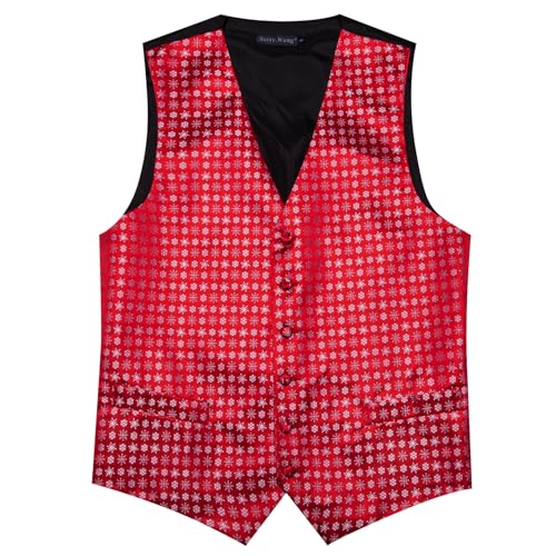 Image of Barry.Wang Mens Red /Green Christmas Suit Vest Tie Holiday Xmas Waistcoat | 4PCS;V-neck;Snow;Christmas Tree;Snowman;Vest Hanky Cufflinks;Family Party;2 Pockets;Prom;Tuxedo;Halloween;Performance;Banquet