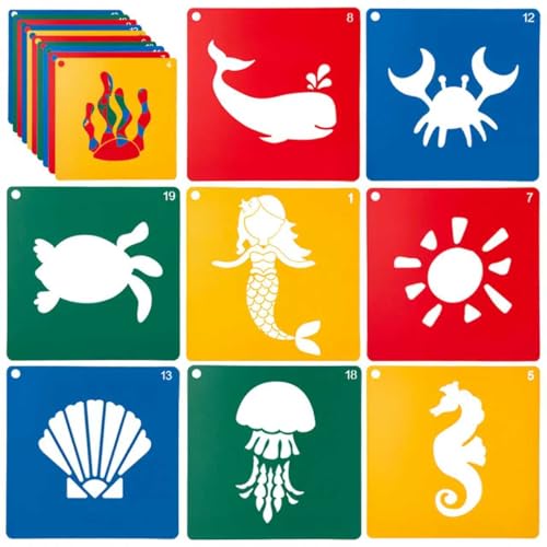 20 PCS Ocean Stencils for Kids 8 Inch Sidewalk Chalk Stencils for Painting