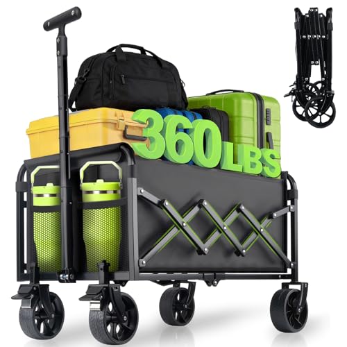 Collapsible Foldable Wagon Cart with Wheels - 360LBS Folding Utility Wagon Cart with Brakes, Lightweight Portable All-Terrain Wagons for Groceries Garden Beach Shopping Camping, 2 Cup Holders/Black