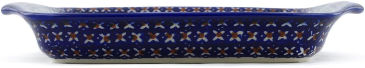 Polmedia Polish Pottery Tray with Handles UNIKAT - Blue Cress Pattern Handmade in Boleslawiec Poland by Ceramika Bona + Certificate of Authenticity