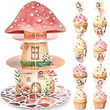 Fairy Birthday Party Decorations 3 Tier Mushroom Cupcake Stand with Fairy Theme Cupcake Toppers Fairies Garden Party Cake Decoration for Woodland Fairies Theme Birthday Parties Baby Shower Supplies