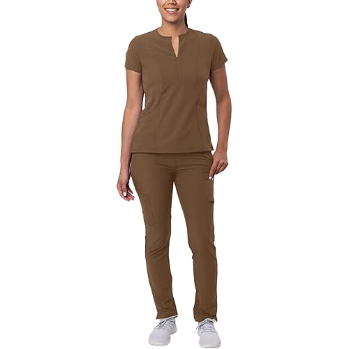 Adar Addition Go-Higher Scrub Set for Women - Notched V-Neck Scrub Top & Skinny Cargo Scrub Pants