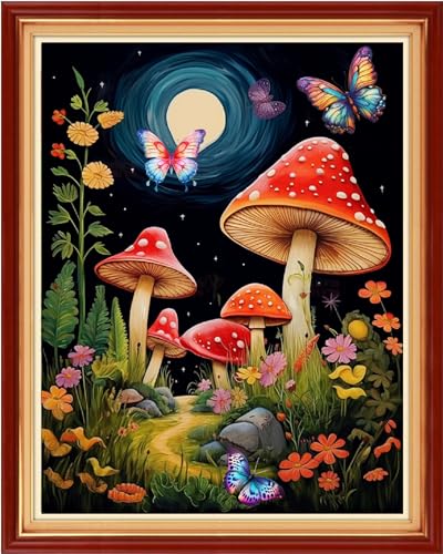 Image of Funxvoot Stamped Cross Stitch Kits Beginners Full Range of Embroidery Kits for Adults 11CT Embroidery Patterns Needlepoint Kits Printed Cross Stitch Kits-Moon Mushroom 16x20 inch