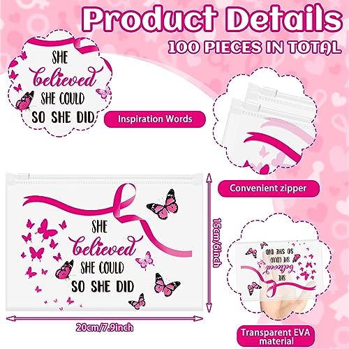 100 Pieces Breast Cancer Awareness Makeup Bags Bulk Pink Ribbon Cosmetic Pouches Breast Cancer Survivor Gifts for Woman Girls Multi Purpose Zipper Eva Waterproof Toiletry Pouch Bags (Novelty Style)2