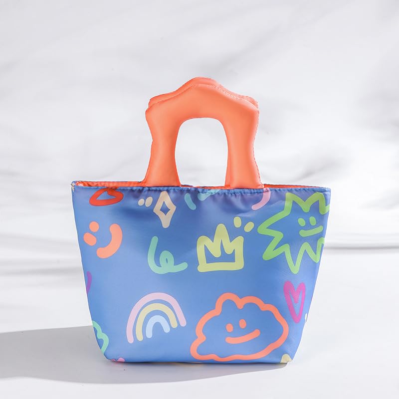 MiniMood 保冷保温ランチバッグ 20×20×14cm 3層断熱構造 アルミ箔裏地 ソフトハンドル付き (柄入り パステルカラー 軽量丈夫) - 通勤 通学 ピクニック対応(オレンジの手提げ)
