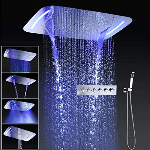 Sistema termostático Cascada Luxury 17"x28" con ducha multi función (Lluvia+Cortina de lluvia+SPA de niebla+Masaje) y ducha de mano con luz LED - Acero inoxidable (17"x28", Latón antiguo) miniatura 2