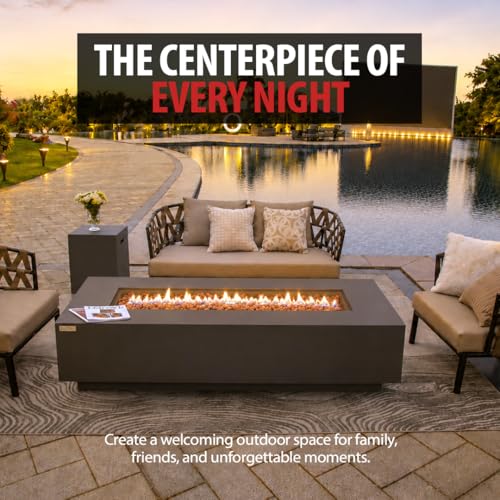 Image of AMS Creations | Savanah 72 inch Bundle Rectangular Cast Concrete Propane Gas Fire Pit Table | Dark Gray | Smooth Texture Surface | Electronic Ignition | Outdoor Patio Heater Outside Backyard Fireplace