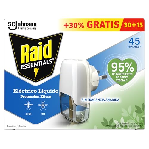 Raid Essentials Eléctrico Líquido Anti Mosquito Comunes y Tigre 45 Noches Con Aplixador + 1 Recambio