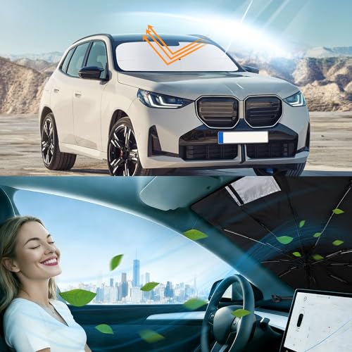 Image of Windshield Sun Shade Umbrella for 2018-2026 BMW X3 | Full covered for windshield, Block UV Rays, Heat Reduction, Easy to install, Durable & Fold Up Small