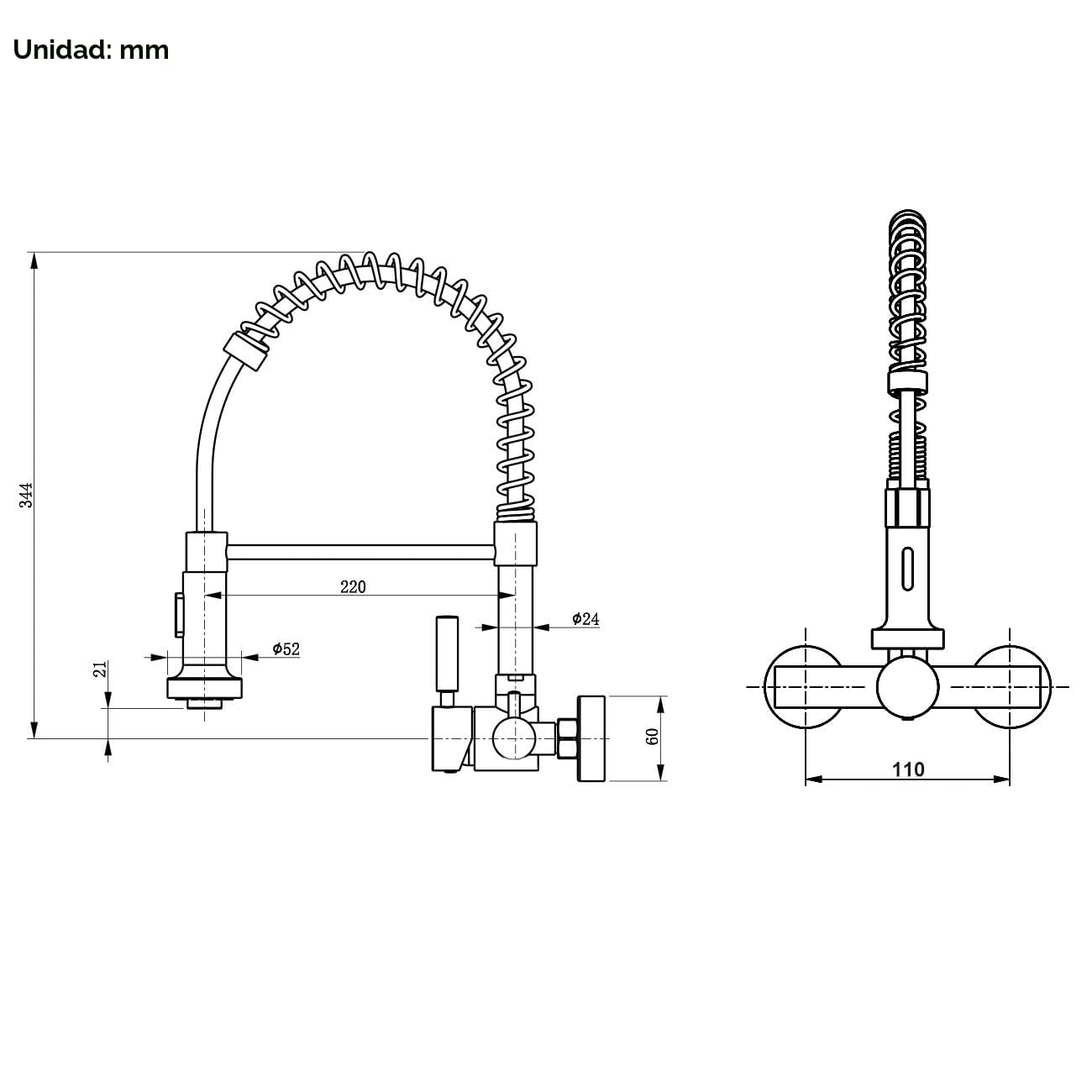 Grifo Cocina de Pared 11cm (± 1,5cm) con Ducha de 2 Modo, Grifería de Fregadero Giratorio Flexible de 360​°, Mezclador Resorte de Acero Inoxidable 304, Aireador Extraíble, Alta Presión