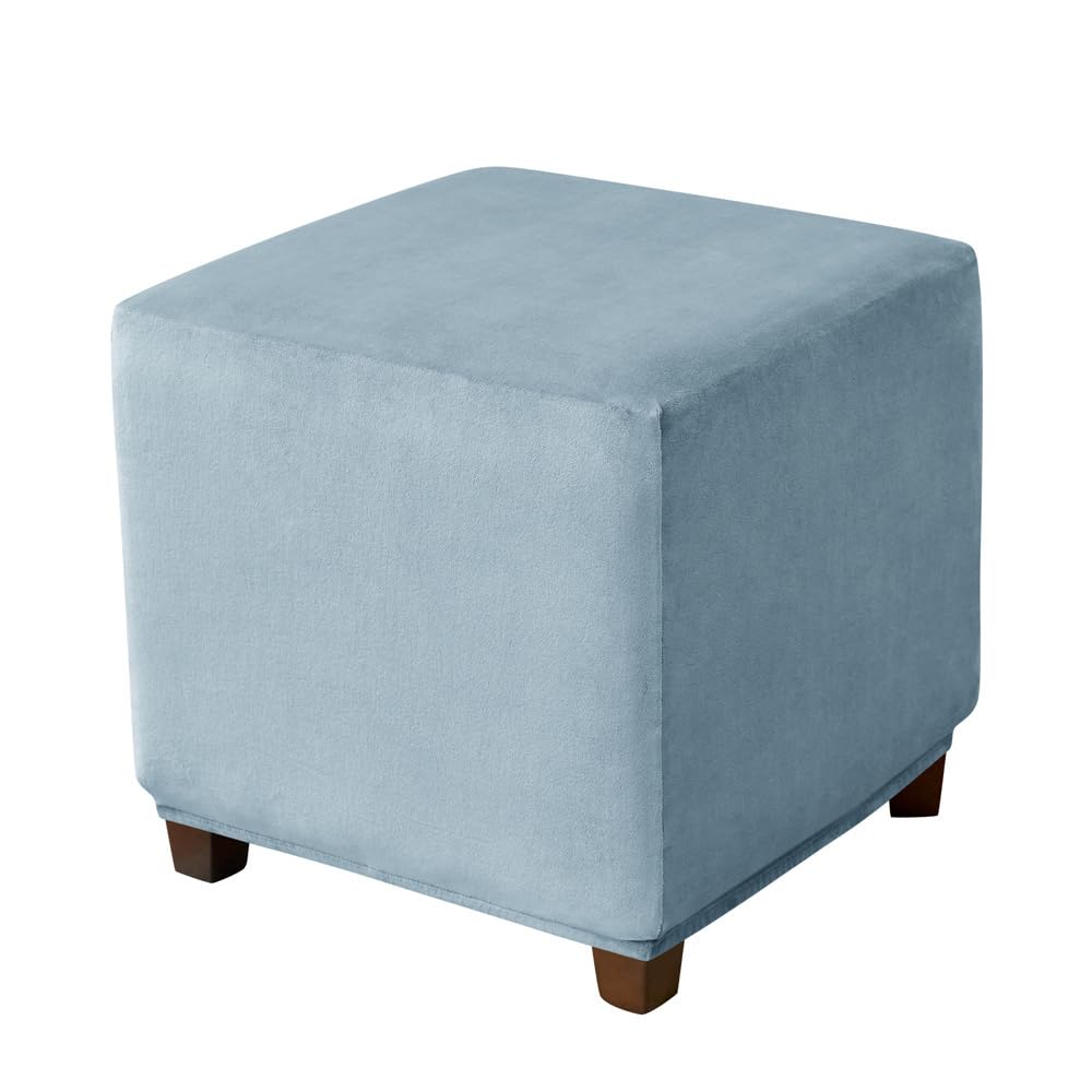 Highdi Velvet Square Ottoman Cover, Rectangle Stretch Footstool Slipcover, Stool Protector with Elastic Bottom, Dustproof Removable Washable Footrest Pouffe Covers (M, Light Blue)