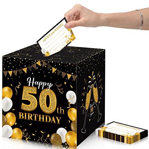 Image of Funrous 50th Birthday Party Message Card Box Cheers to 50 Years Black Gold Advice and Wishes Greeting Card Box for Men Birthday Decorations Party Supplies Anniversary Tables Sign Centerpieces Decor