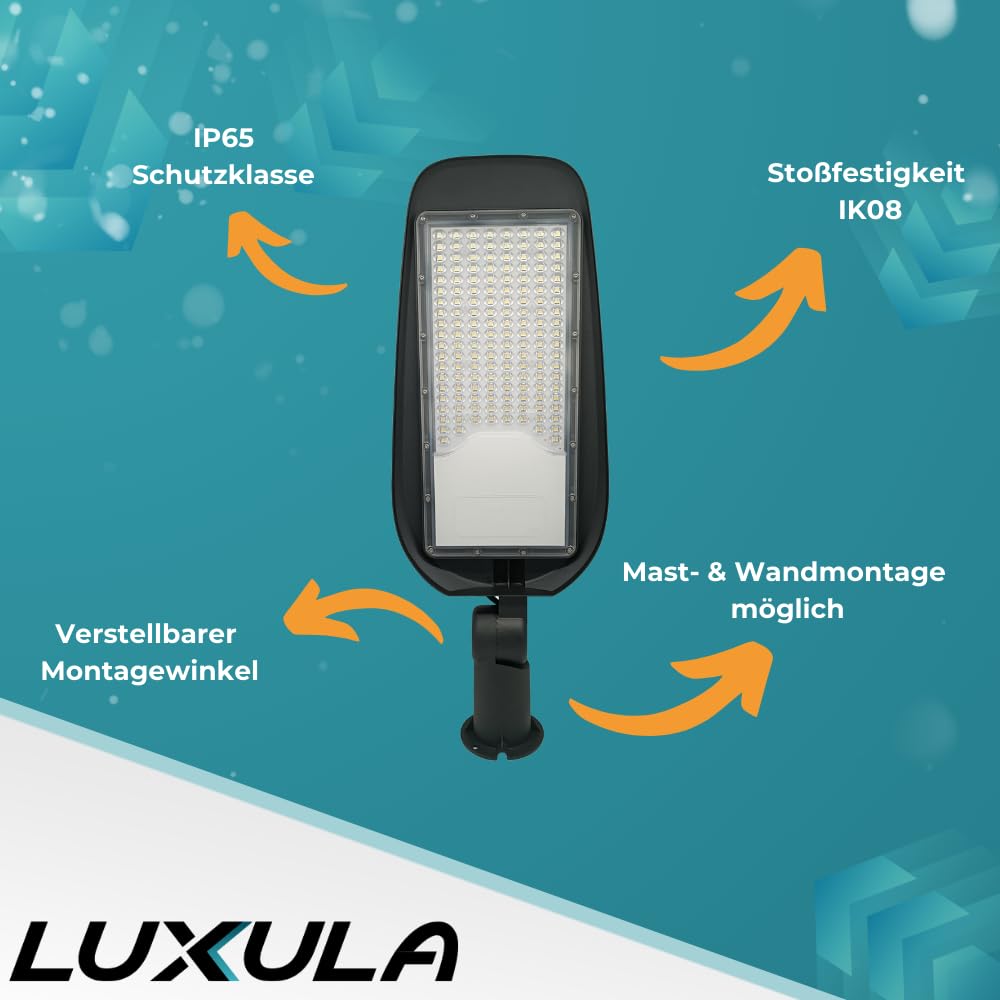 LUXULA LED Straßenlaterne 50W 2 Stück, 5800 Lumen, 5000K Neutralweiß, IP65 Wasserdicht, Mastleuchte, Straßenlampe, Aussenleuchte, Wegeleuchte für Hof, Parkplatz, Einfahrt und Gartenwege