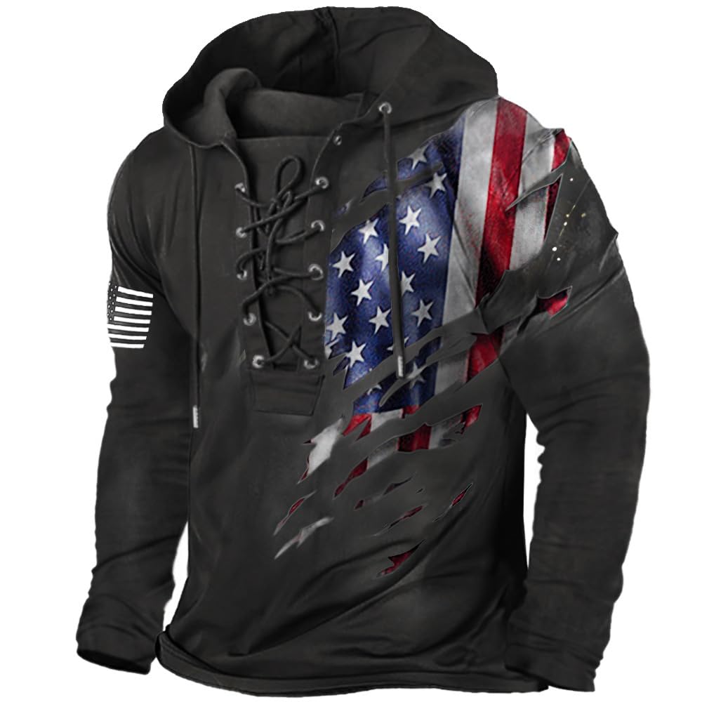 Bengbobar Men's Military Tactical Hoodies Retro Distressed American Flag Print TieUp Pullover Trainning Camping Sweatshirt