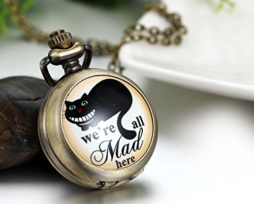 JewelryWe Herren Damen Taschenuhr, We're All mad here Schwarze grinsende Katze Uhr Anhänger Analog Quarz Kettenuhr Pullover Halskette Kette – Bild 3